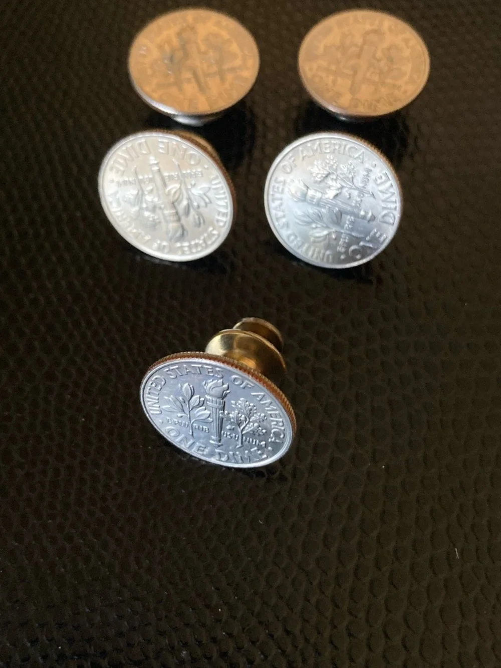 Handcrafted Coin Cufflinks & Stud Set–Roosevelt Dime–Vintage Snap Link Hardware.
